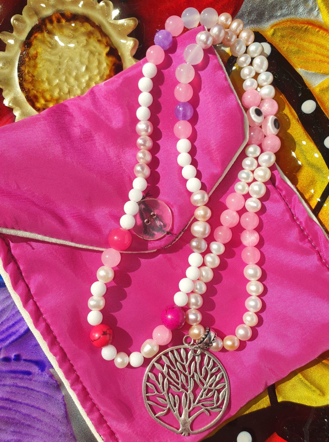 All Seeing Eye, Tree of Life Necklace: Fresh Water Pearls, Cloudy Quartz, Quartz, Magnesite