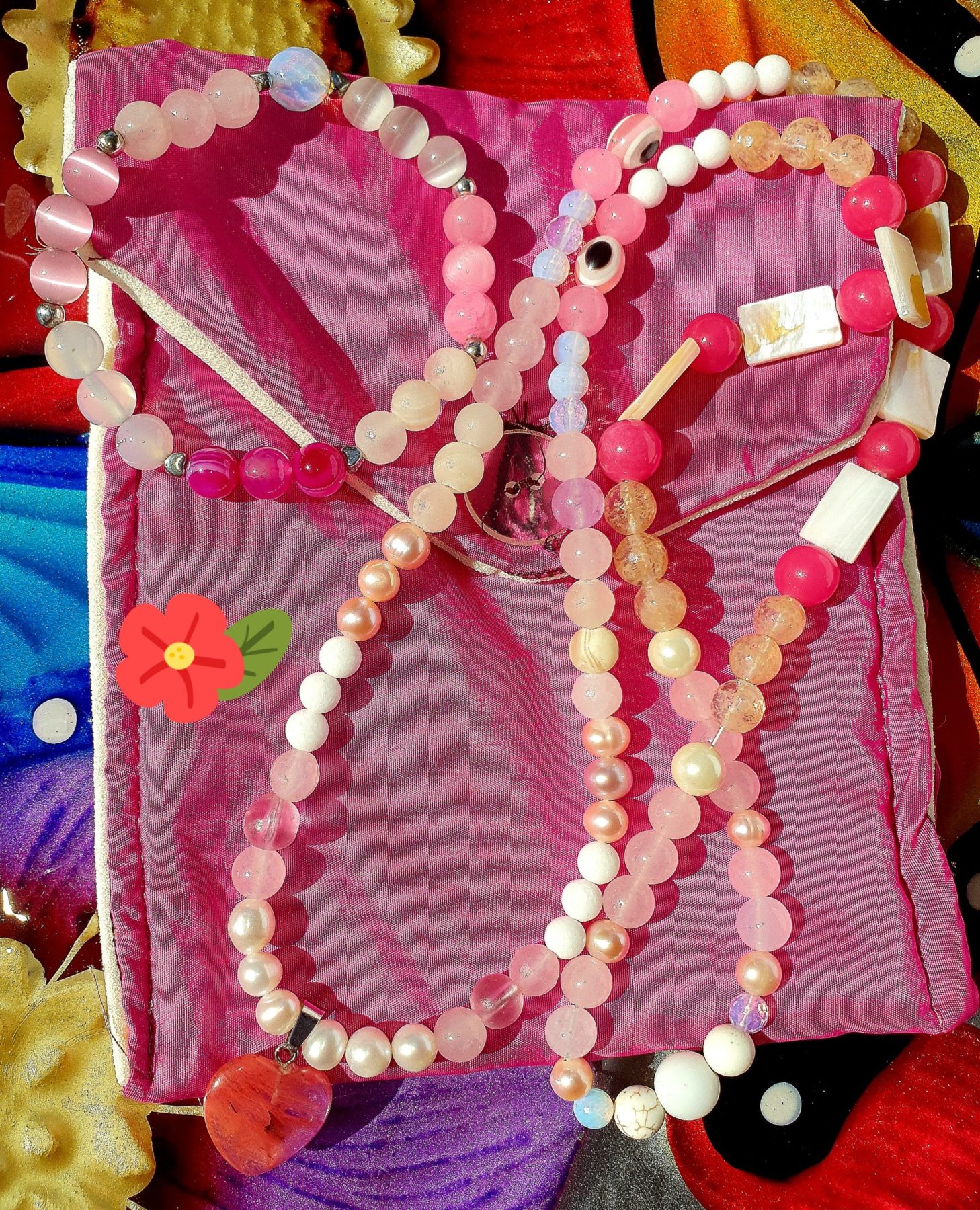 Pink Cherry Quartz Heart Set: Fresh Water Pearls, Shell, Citrine, Rose Quartz