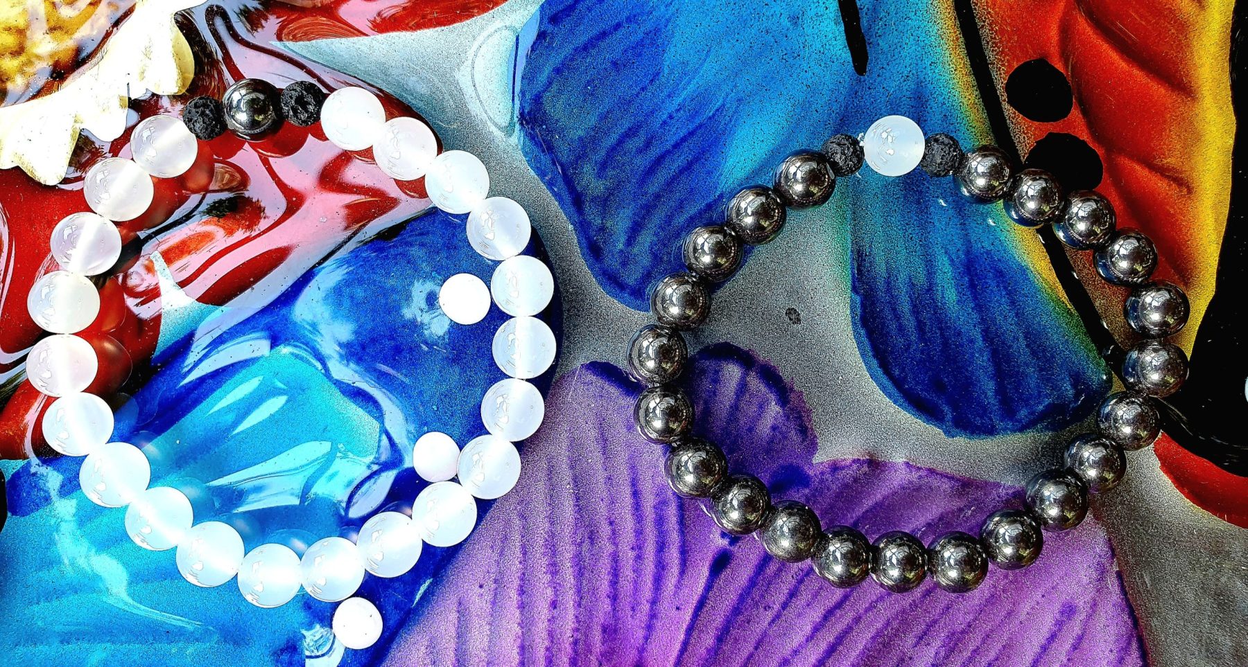Besties, Twinning, Couples Matching Infuser Bracelet Set: Cloudy Quartz, Hematite and Lava Infuser Beads