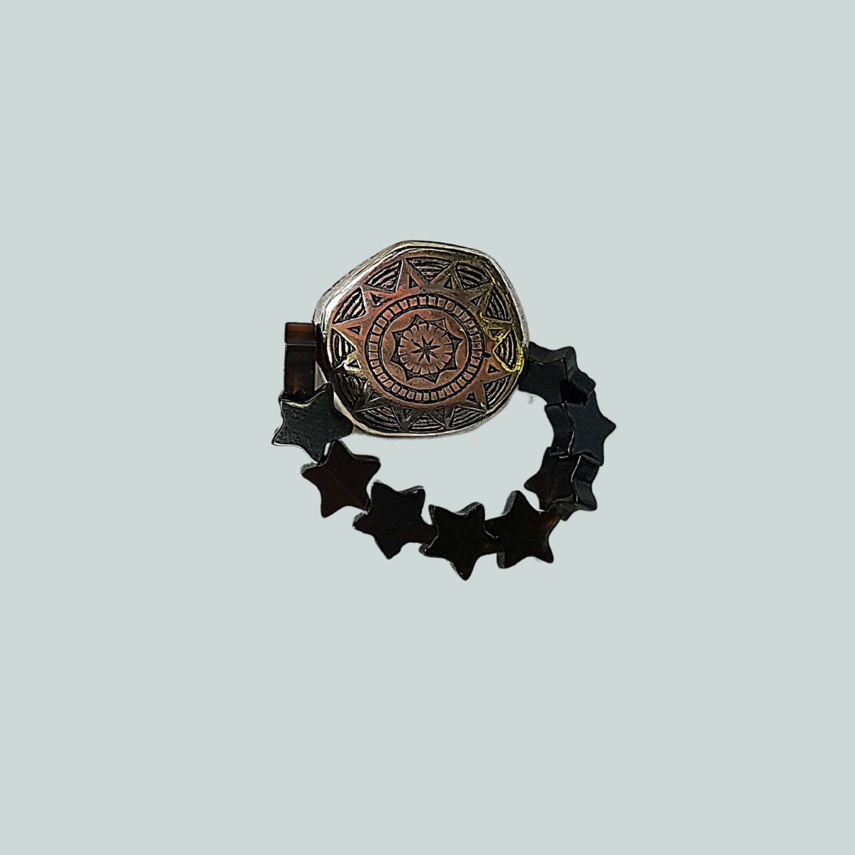 Smoky Quartz Stars, Metal Sun Bead Ring